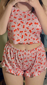 Kiraz Desenli Pembe Askılı Şortlu Takım Zalle